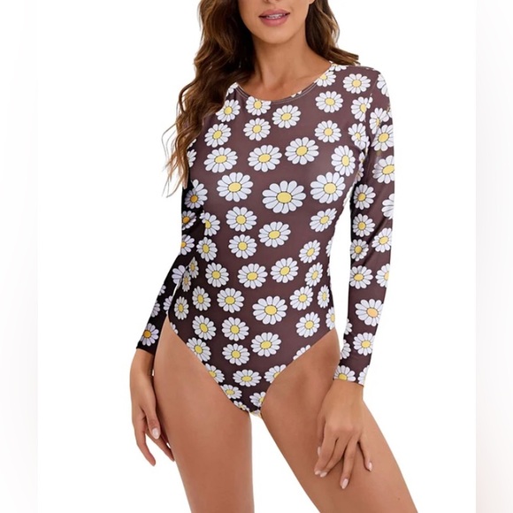 Other - Boho Daisy one piece long sleeve swimsuit.Brown with cute daisy print.Size M